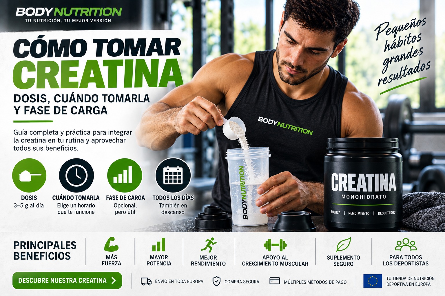 Cómo tomar creatina: dosis, cuándo tomarla y fase de carga