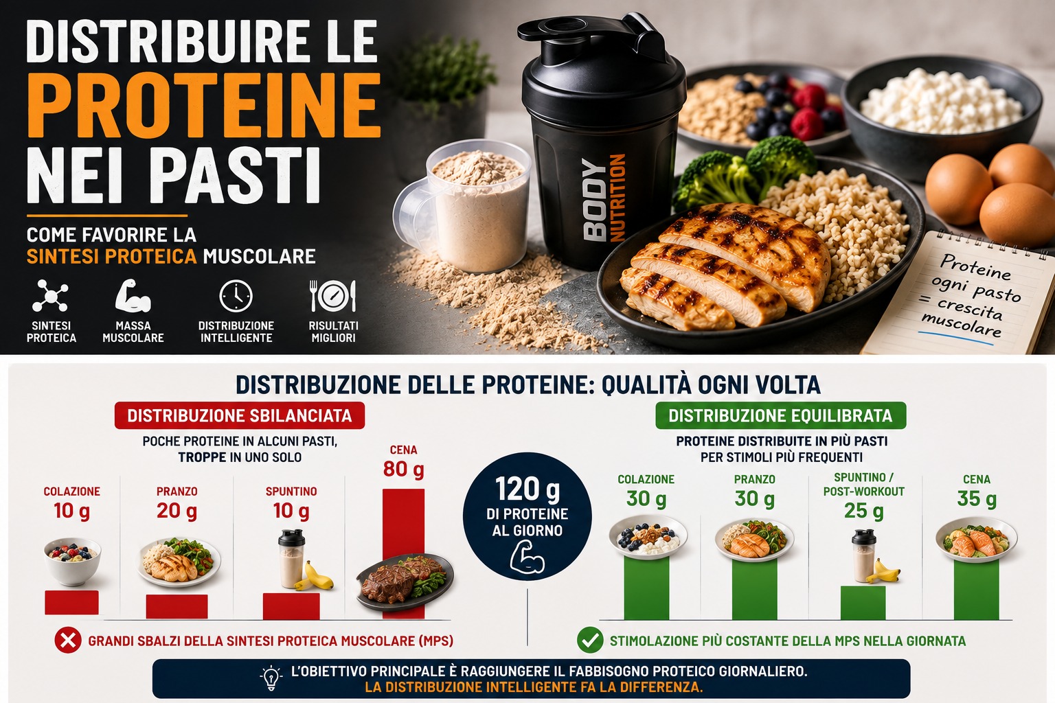 Distribuire le proteine nei pasti: come favorire la sintesi proteica muscolare