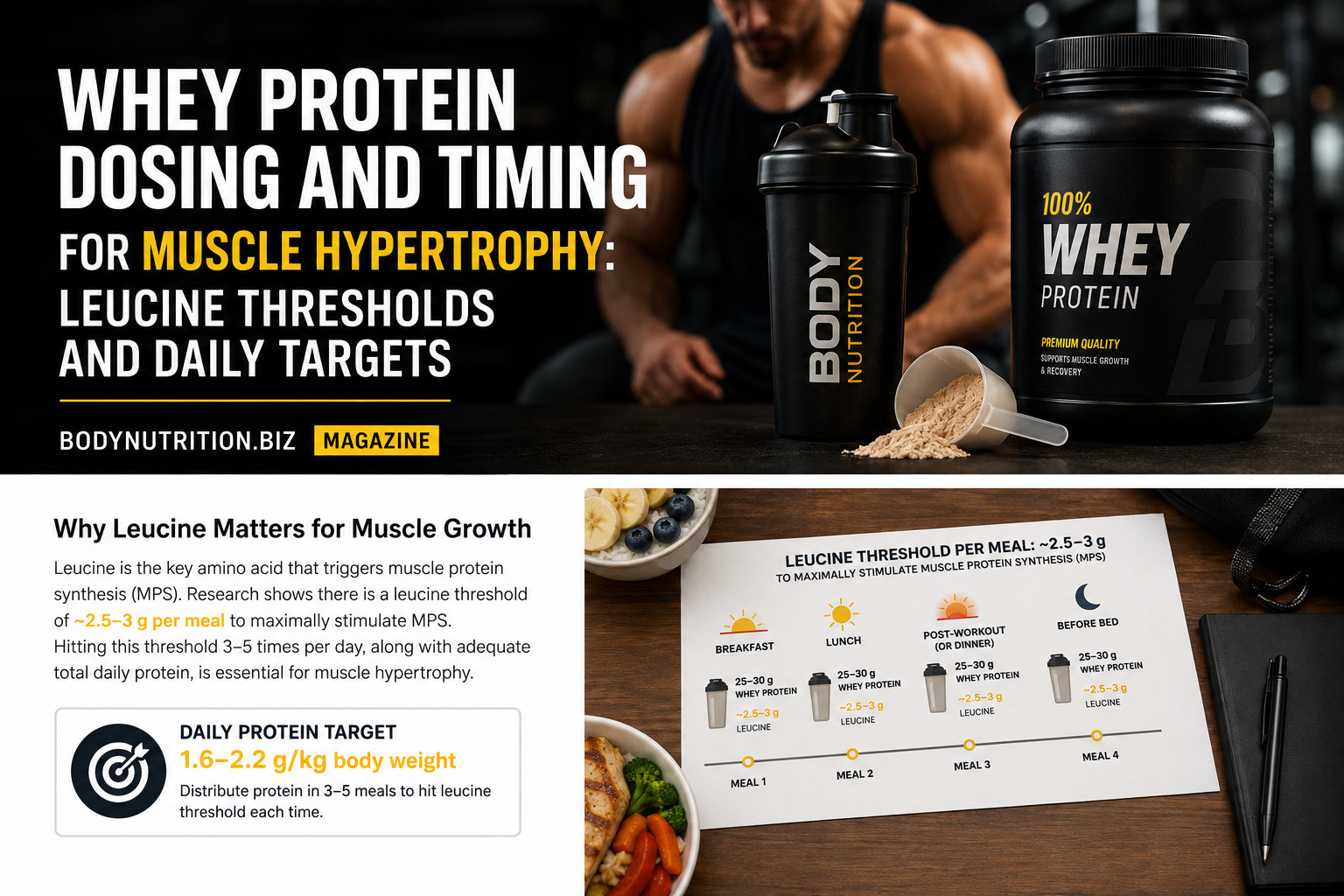 Whey protein dosing and timing for muscle hypertrophy: leucine thresholds and daily targets