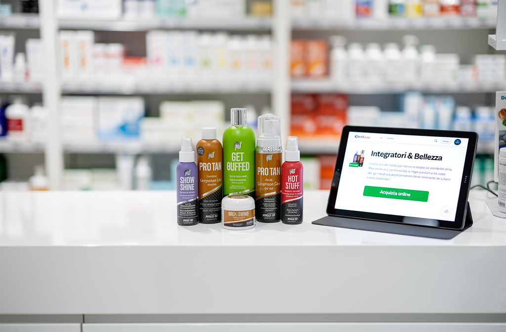 Prodotti abbronzanti su banco farmacia con tablet che mostra negozio online di integratori