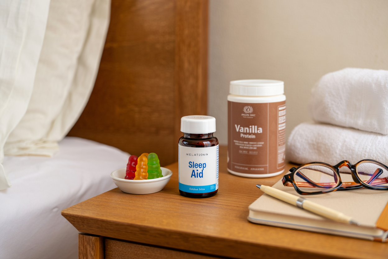 Woman sleeping peacefully with thermogenic supplement and water