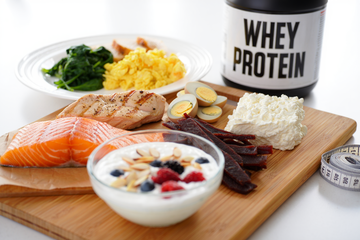 Protein-rich foods including chicken, eggs, and salmon arranged on a plate