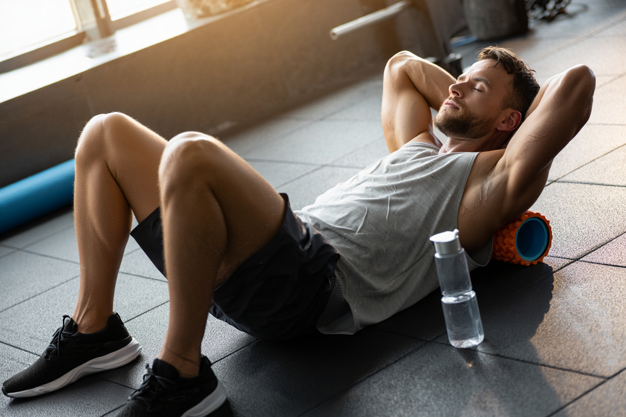 Atleta descansando después de sesión intensa de entrenamiento