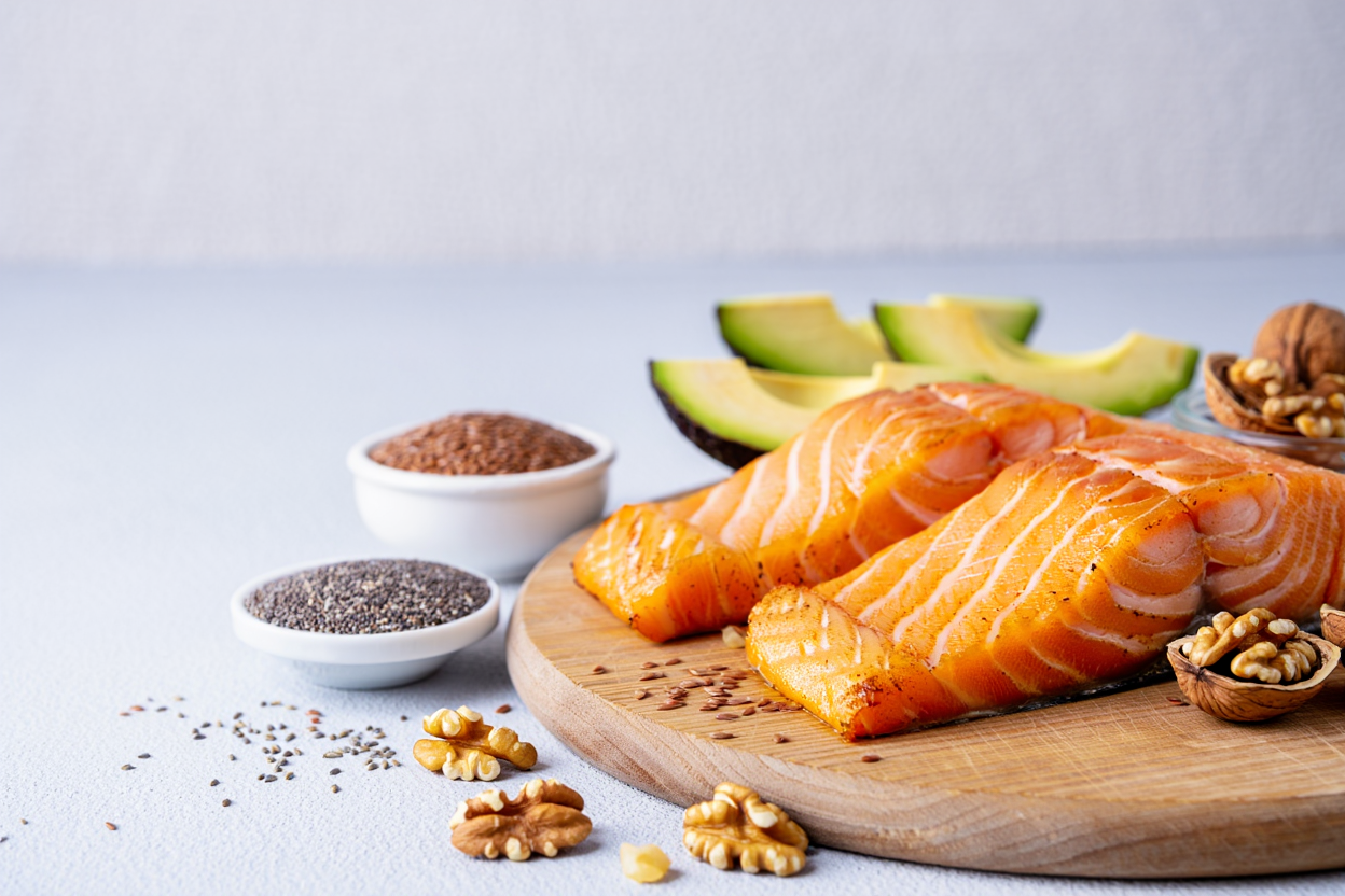 Varietà di alimenti ricchi di omega-3: salmone, sardine, noci e semi di lino