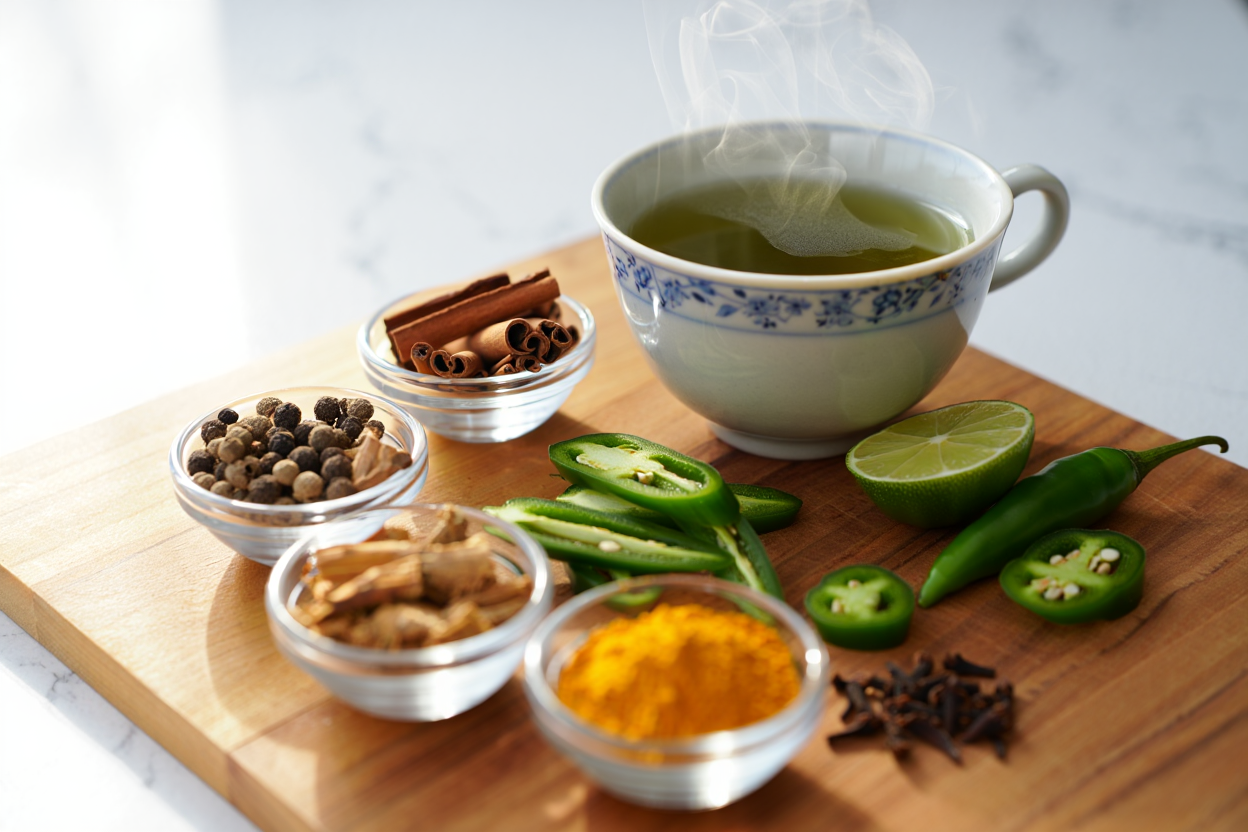 Taza de té verde con jengibre y especias para acelerar metabolismo