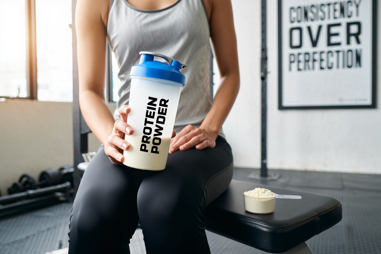 Person mixing protein powder shake in gym