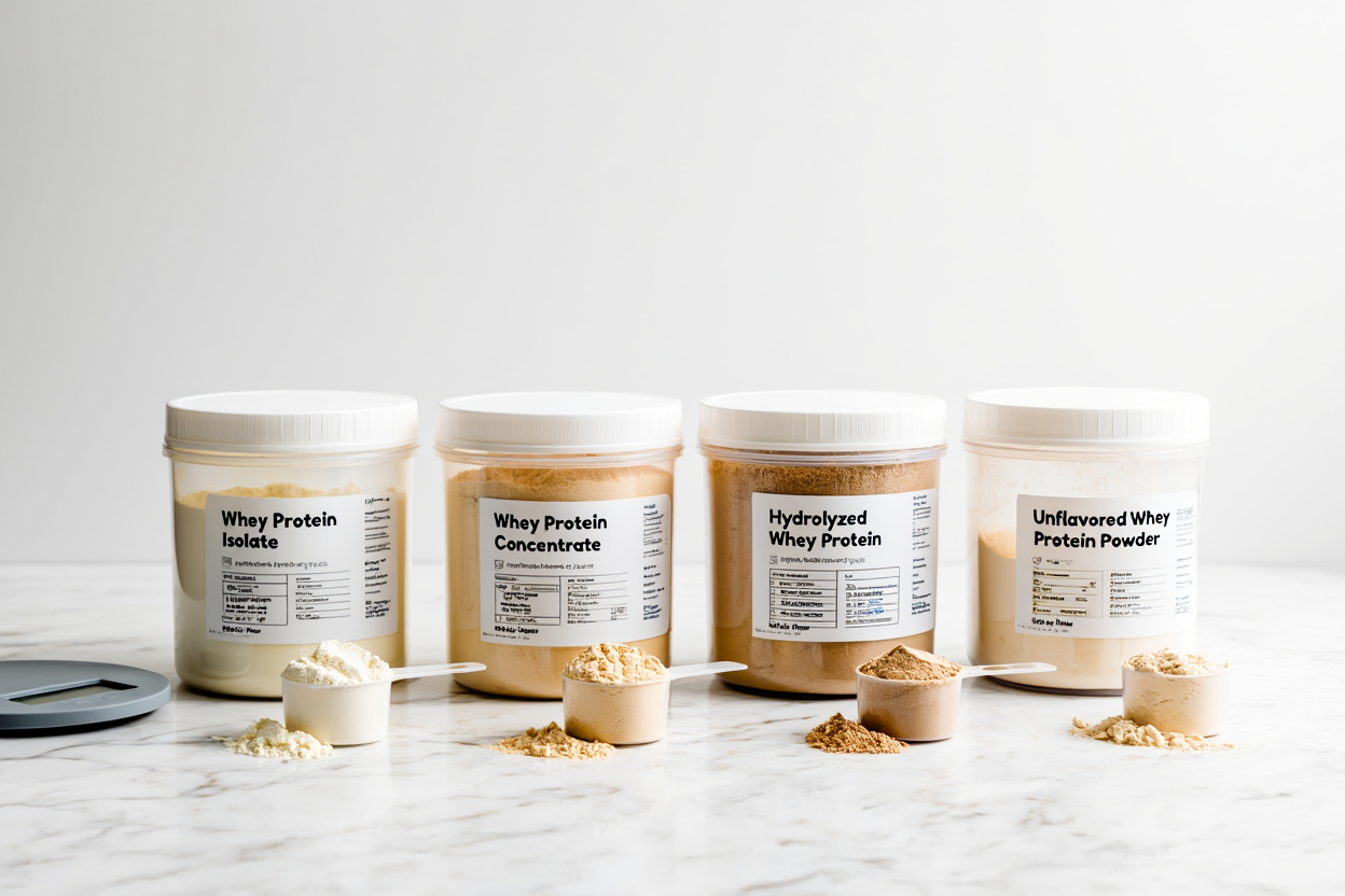 Different types of protein powder in containers