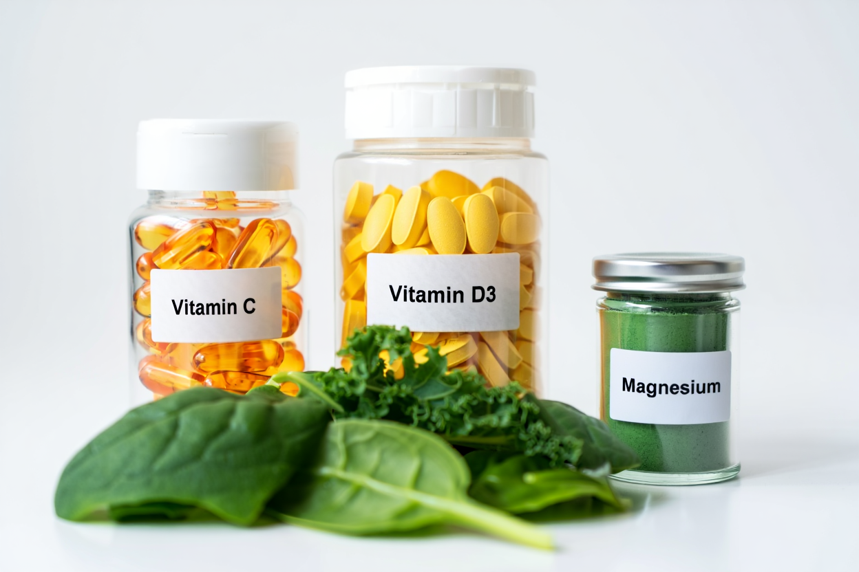 Persona che assume integratori di vitamine e minerali con acqua al mattino