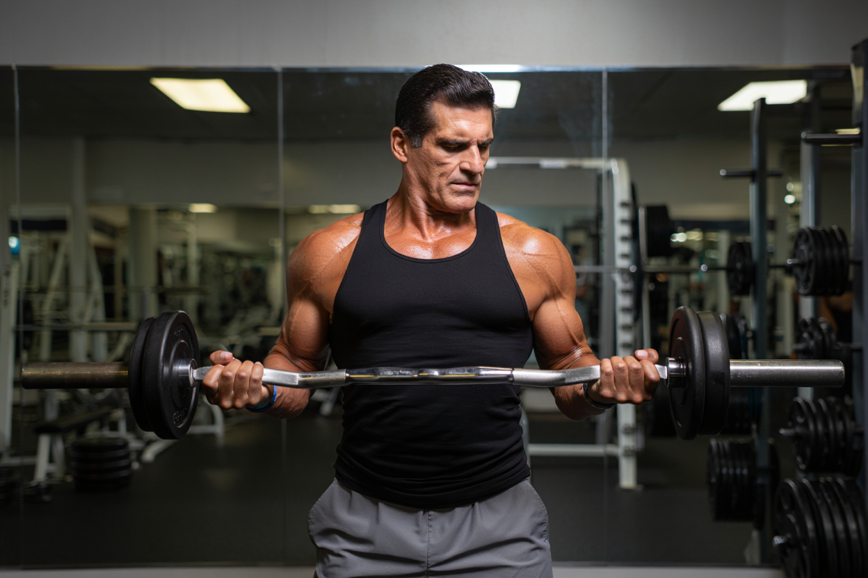 Lou Ferrigno realizando ejercicios de pecho y brazos