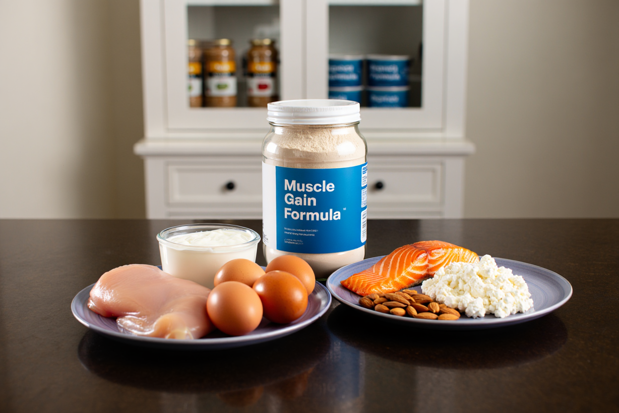 Proteinreiche Lebensmittel auf Holztisch angeordnet