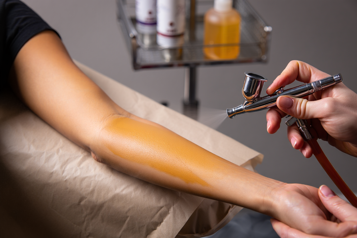 Technician applying spray tan base coat with proper spraying motion