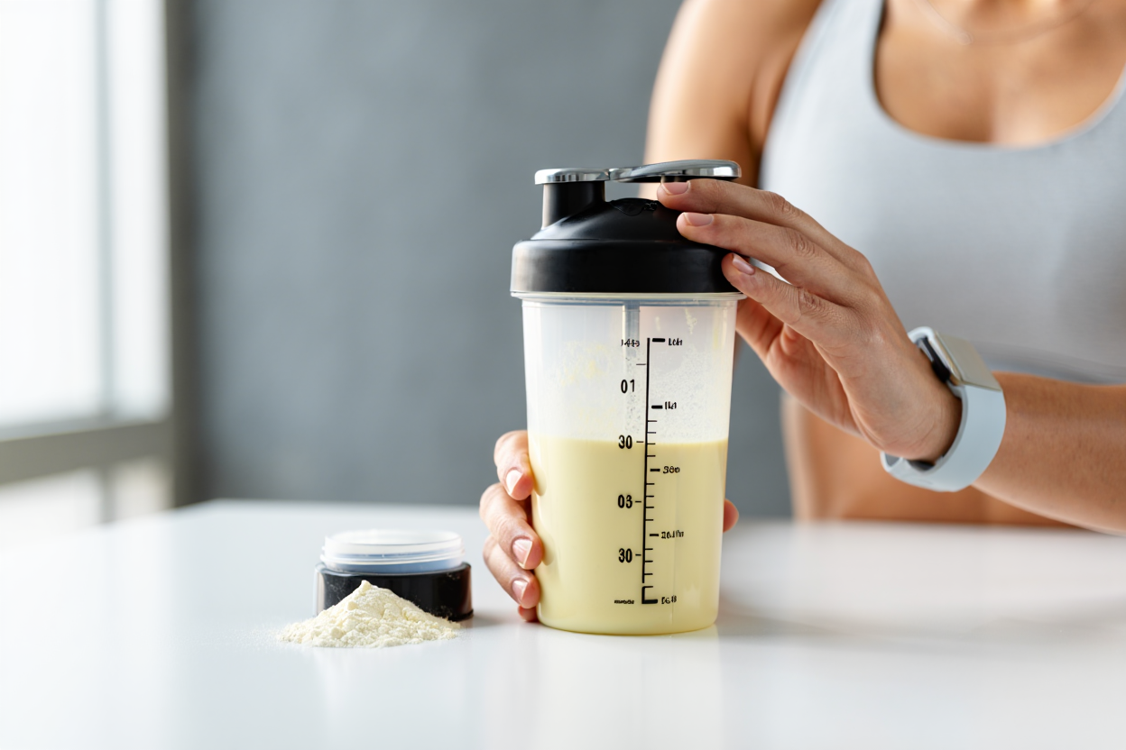 Proteinshake in Glas mit Früchten