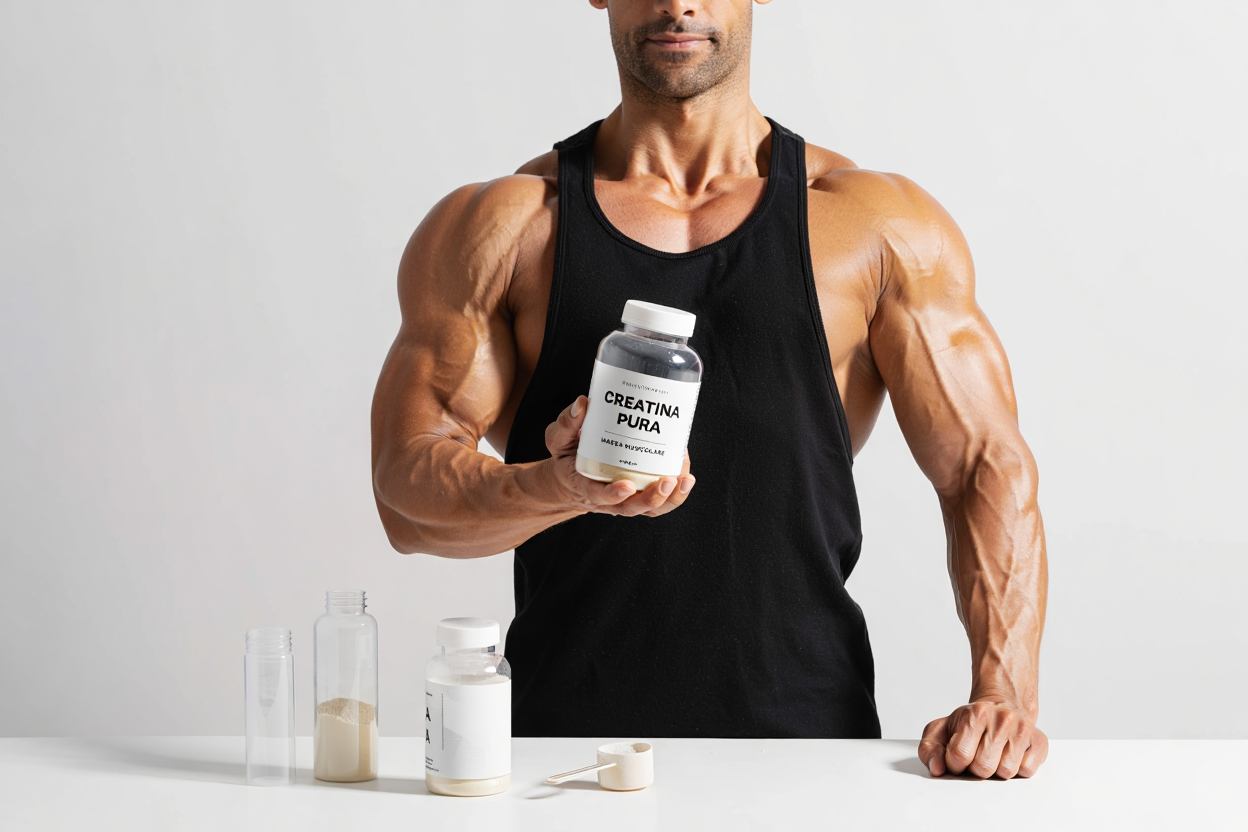 Polvere di creatina monoidrato in un cucchiaio di legno