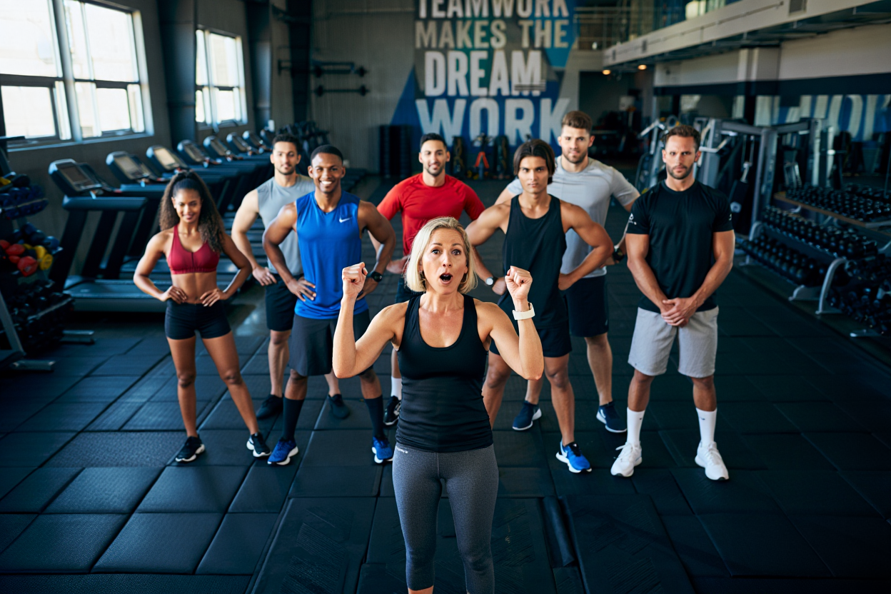 Gruppe trainiert zusammen im Fitnessstudio mit positiver Energie
