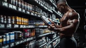 Atleta muscoloso esamina una bottiglia di integratore sportivo sugli scaffali di un negozio, tra prodotti in confezioni colorate. integratori americani qualità e normative per lo sport.