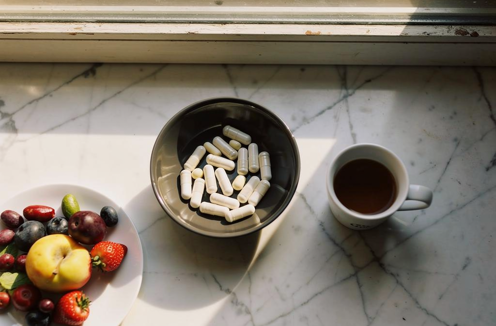 Ciotola di integratori alimentari sulla tavola della colazione italiana con caffè e frutta fresca