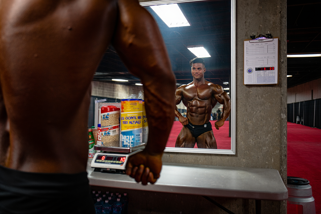 Inspection backstage officielle du bronzage avant passage sur scène en compétition IFBB