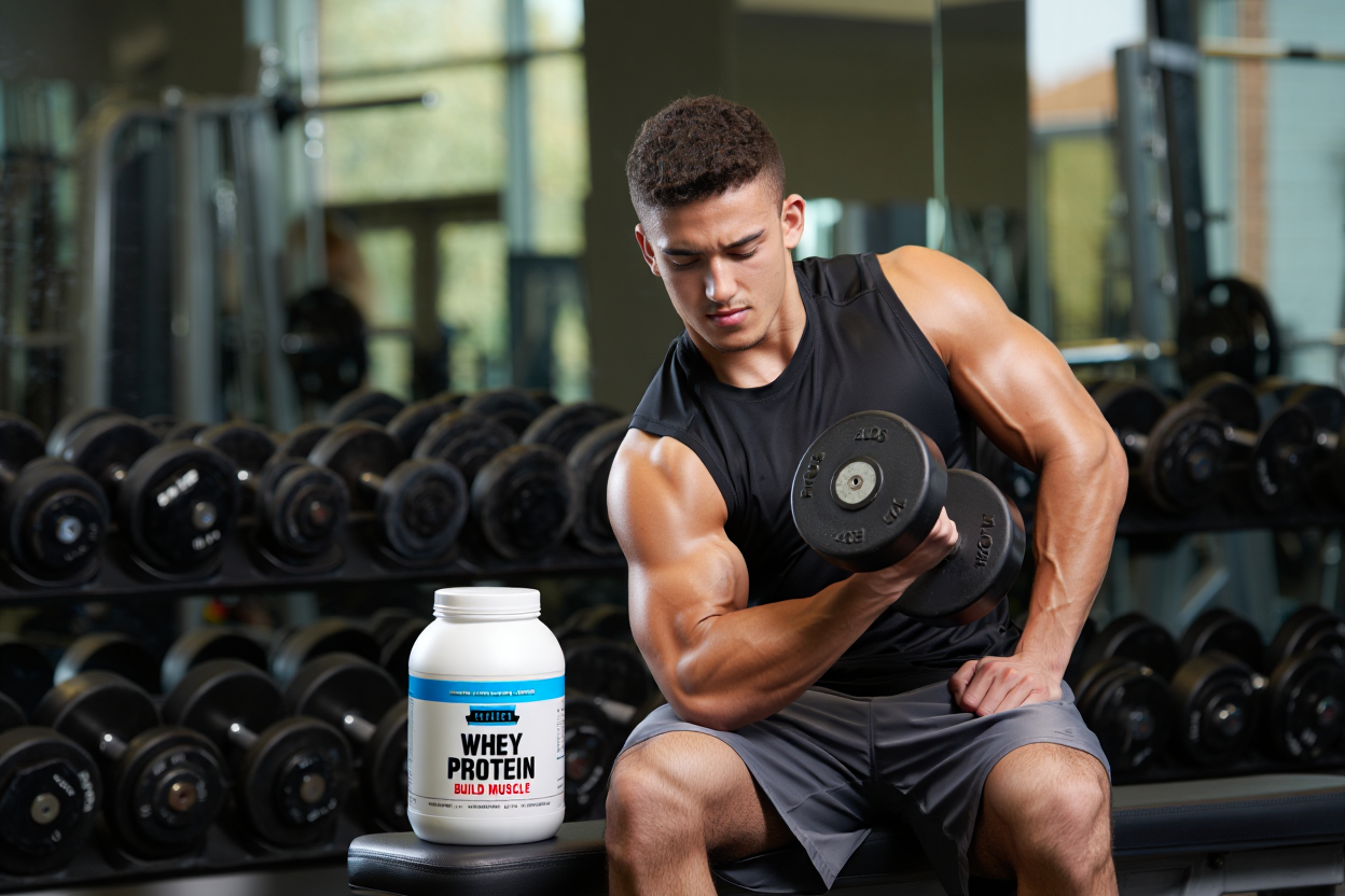 Person holding whey protein powder shake after workout