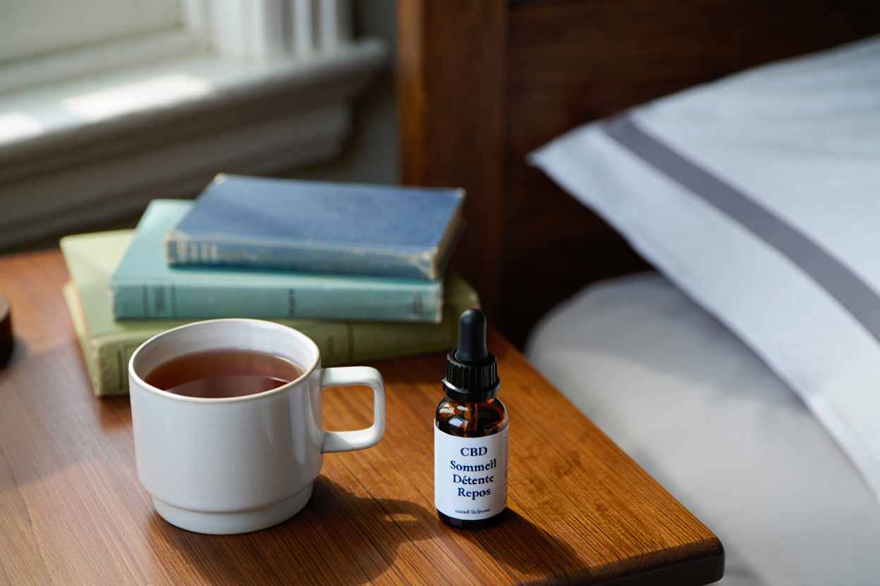 Verre d'eau et flacon de CBD pour la nuit
