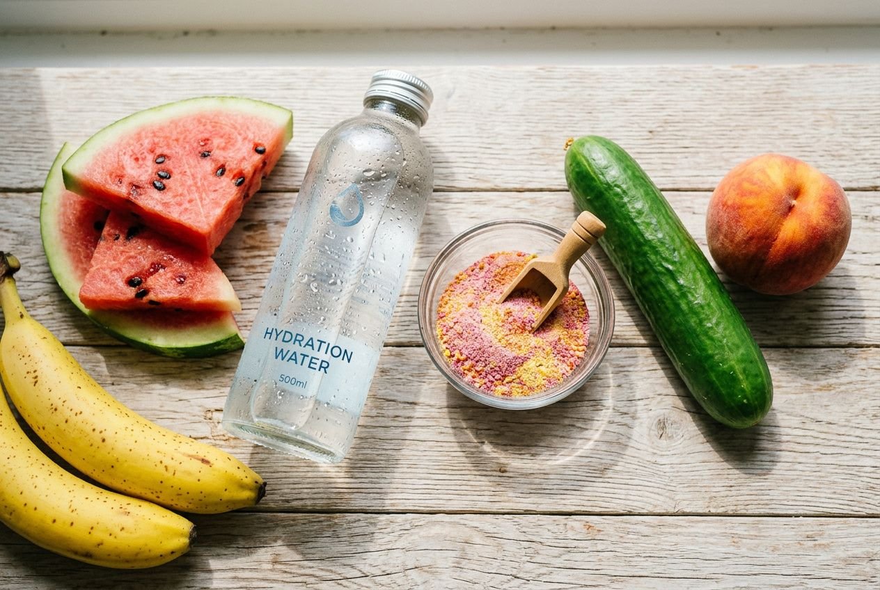 Acqua in bottiglia con etichetta idratazione insieme a frutta fresca (melone, banana, pesche) e una ciotola di integratori salini, suggerendo allenarsi con il caldo idratazione elettroliti e consigli per l estate