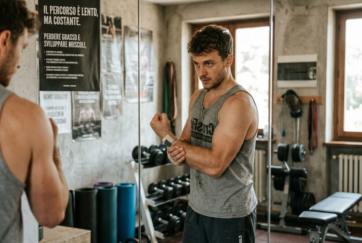 Allenamento in palestra: atleta controlla i muscoli nel mirror, con poster motivazionali sul muro. come perdere grasso senza perdere muscoli in evidenza.