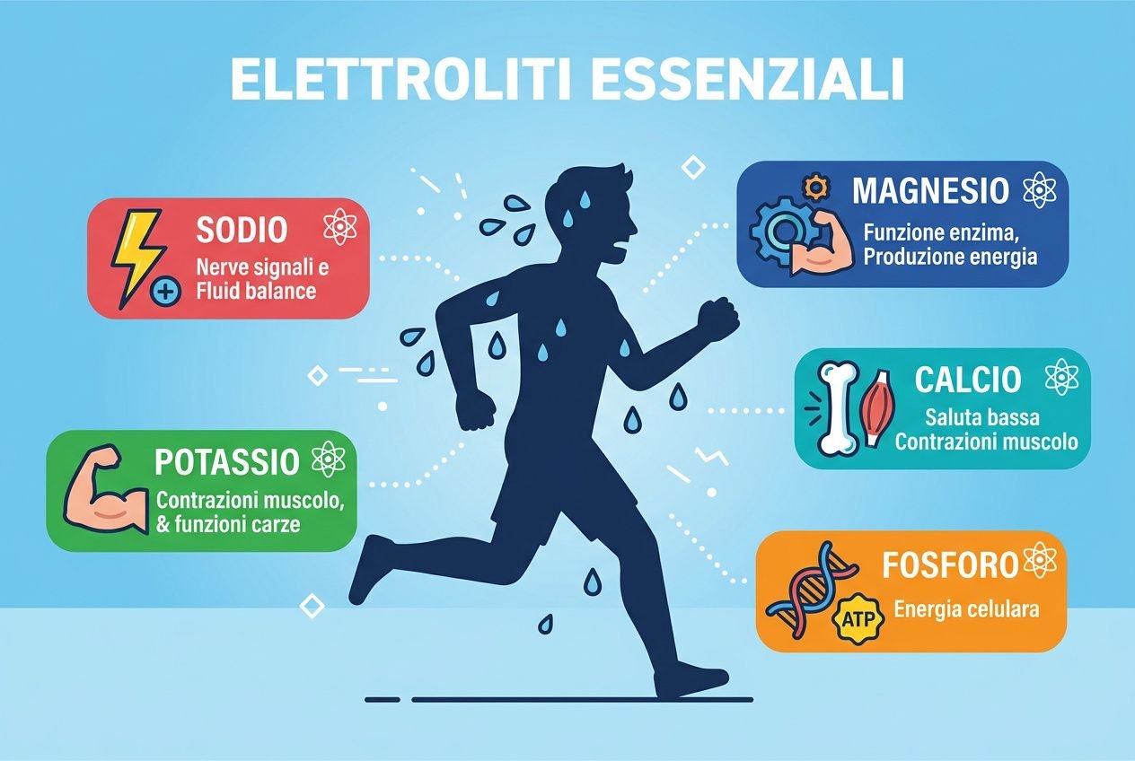 Allenarsi con il caldo: grafica sugli elettroliti essenziali e le loro funzioni (sodio, potassio, calcio, magnesio, fosforo) con figura di runner sudato.