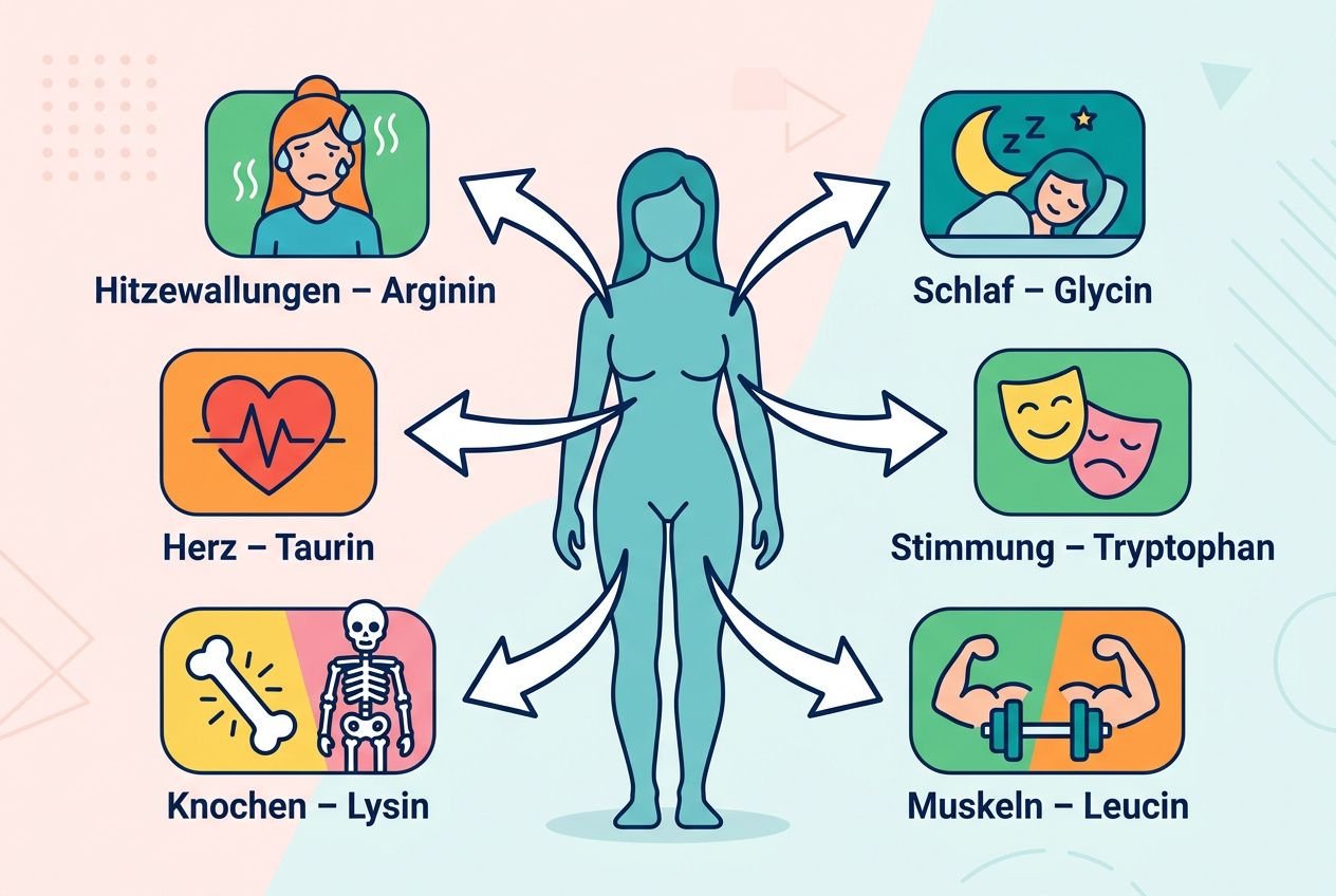 Aminosäuren Wirkung Frauen: Grafische Übersicht zu Einfluss auf Schlaf, Hormone, Haut, Muskeln, Knochen und Stoffwechsel