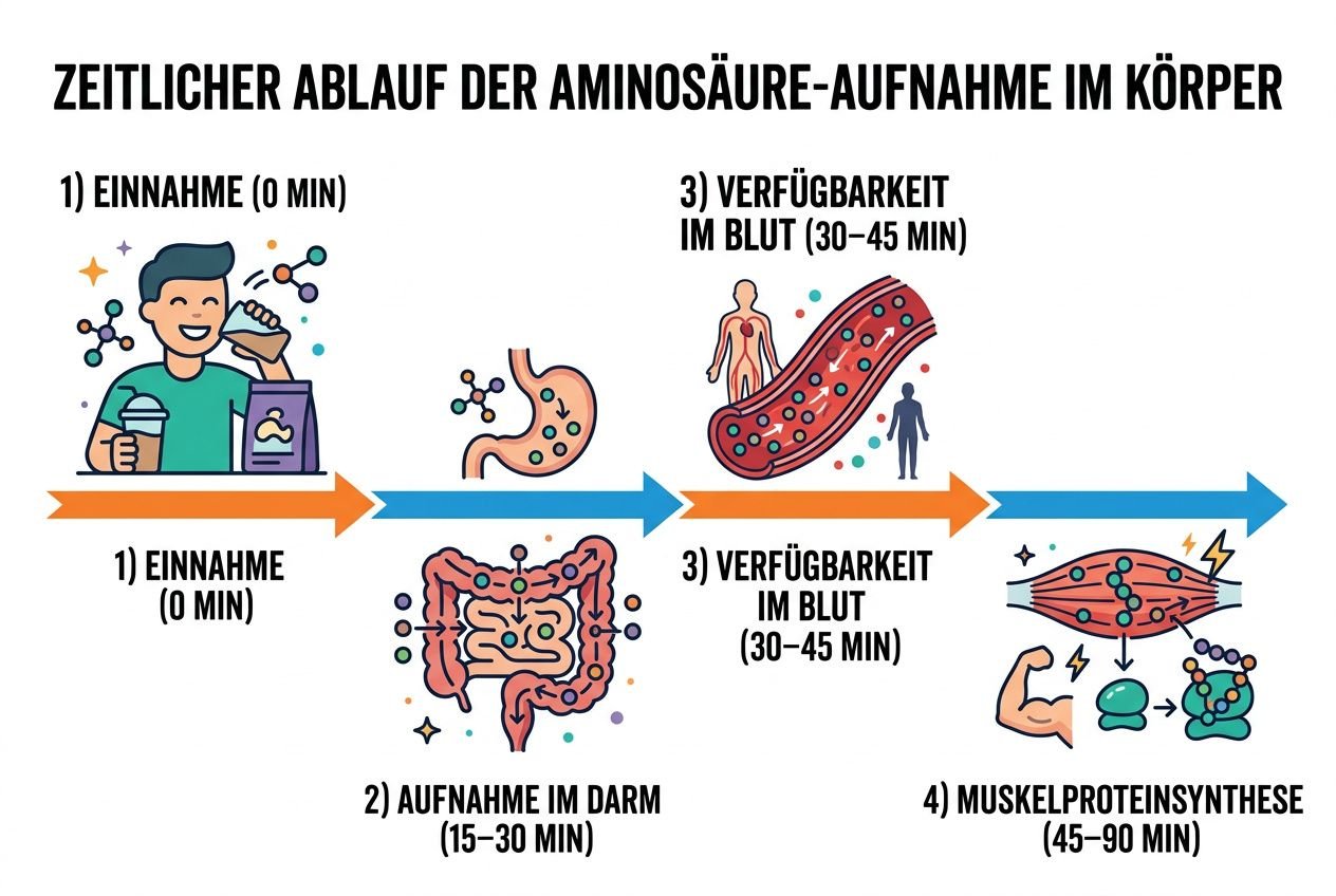Aminosäuren Wirkung Frauen: Illustration des zeitlichen Ablaufs der Aufnahme, Verdauung, Verfügbarkeit im Blut und Muskelprotein-Synthese.