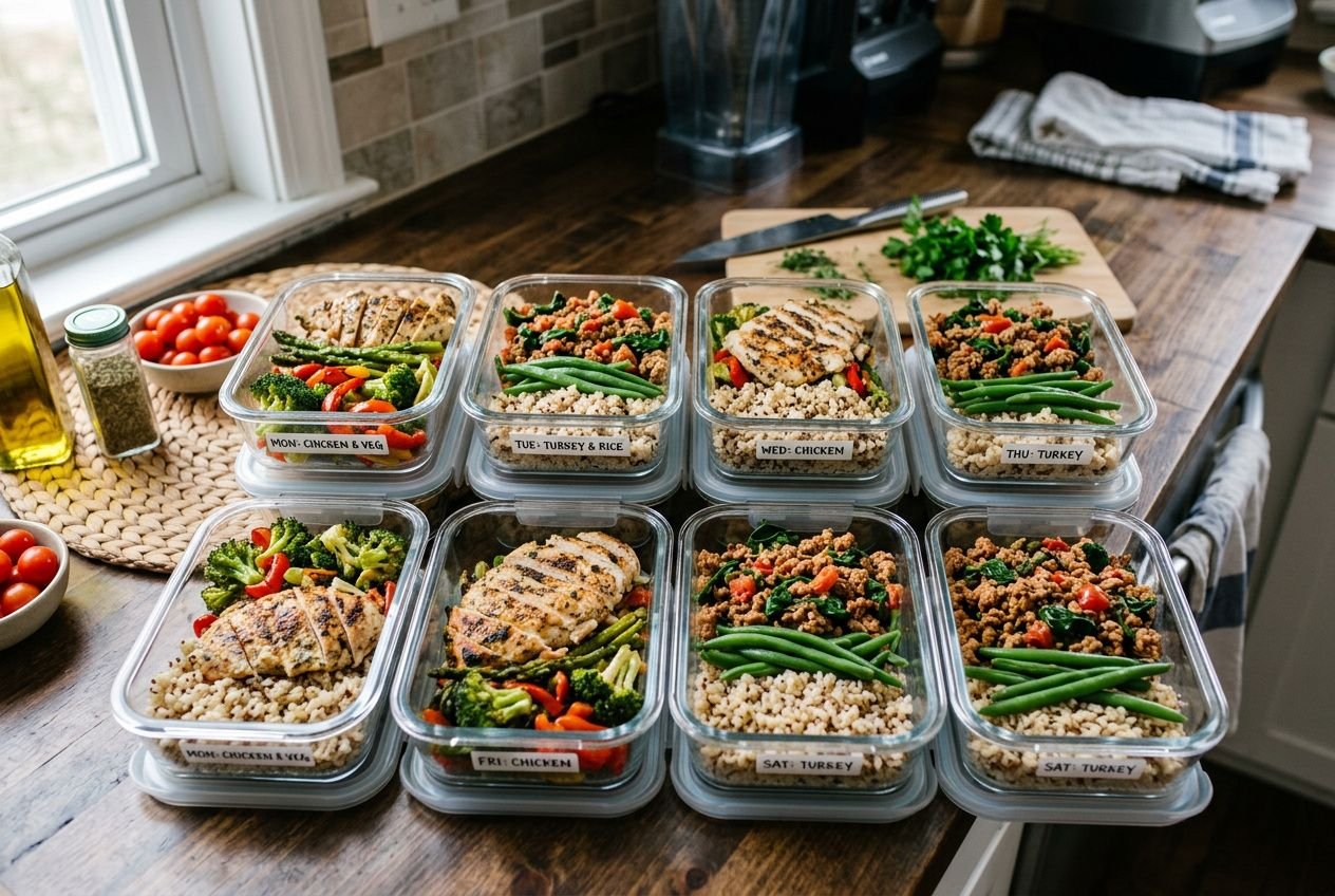 Assorted meal-prep containers with labelled dishes, each containing grilled chicken, rice, and colourful vegetables for a week-long nutrition plan for muscle gain