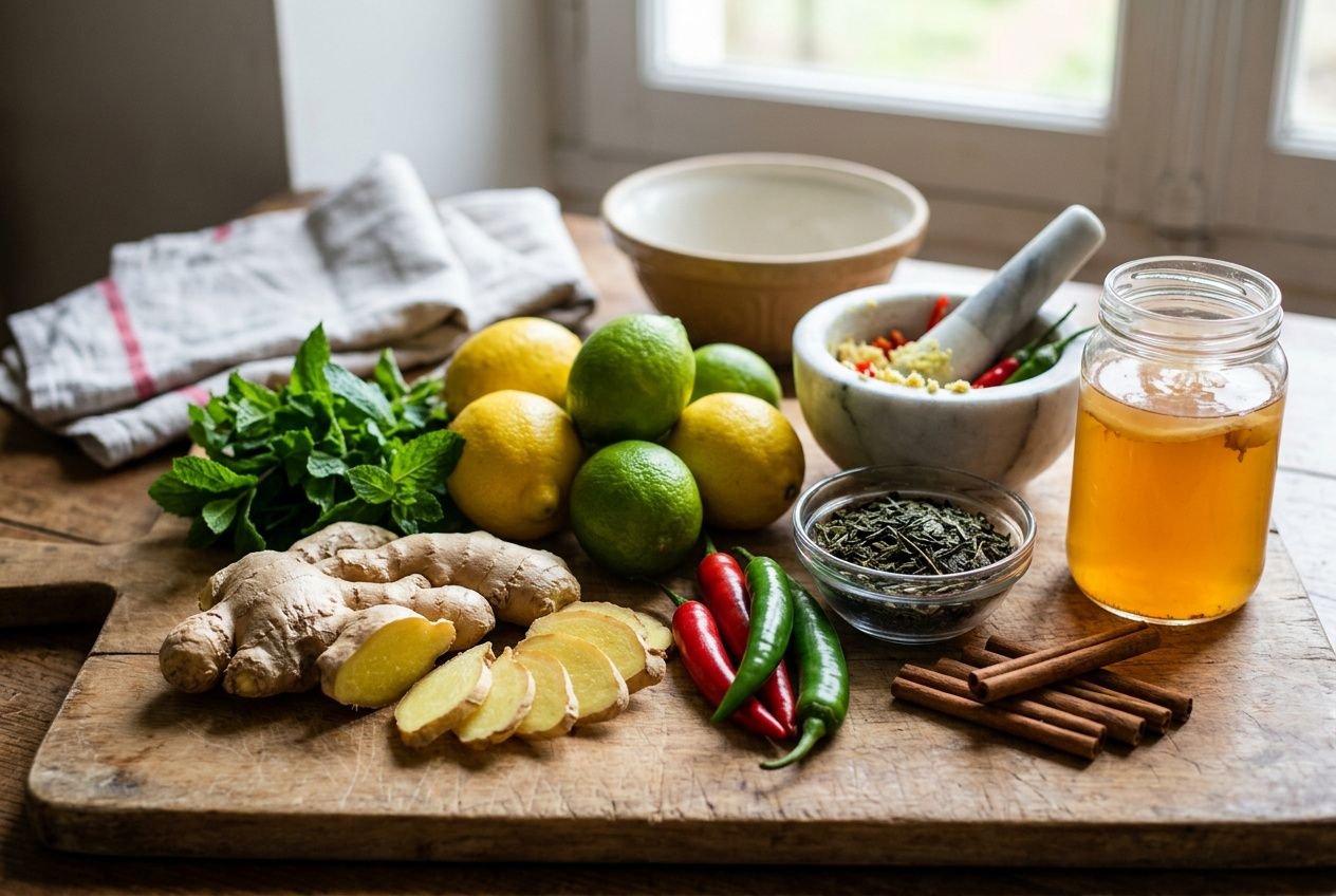 Assortiment d’ingrédients frais sur une planche: gingembre, citrons, lime, herbes, piments, thé, cannelle et miel, prêt pour une recette brûle graisse efficace.