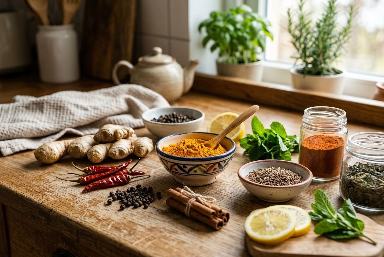 Assortiment d’ingrédients naturels sur une table: curcuma en poudre, gingembre frais, citron, feuilles de menthe, flocons et épices dans des pots, remèdes de grand-mère pour brûleur de graisse naturel recette de grand-mère.