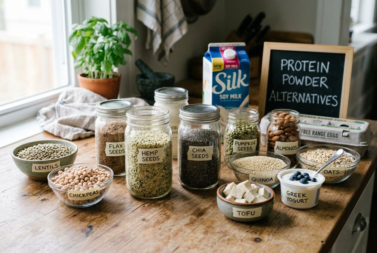 Assortment of protein powder types explained: jars and bowls with seeds, tofu, Greek yogurt, and plant-based ingredients on a kitchen table, plus a chalkboard reading Protein Powder Alternatives.