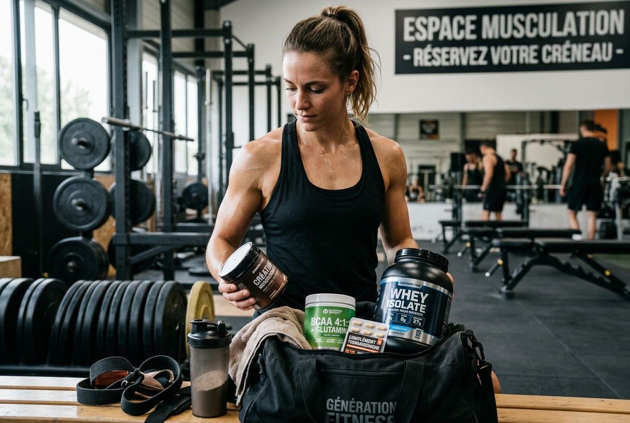 Athlète féminine dans une salle de sport, ouvrant une gourde et un pot de protéines dans un sac de fitness près des haltères. Recette sèche musculation.