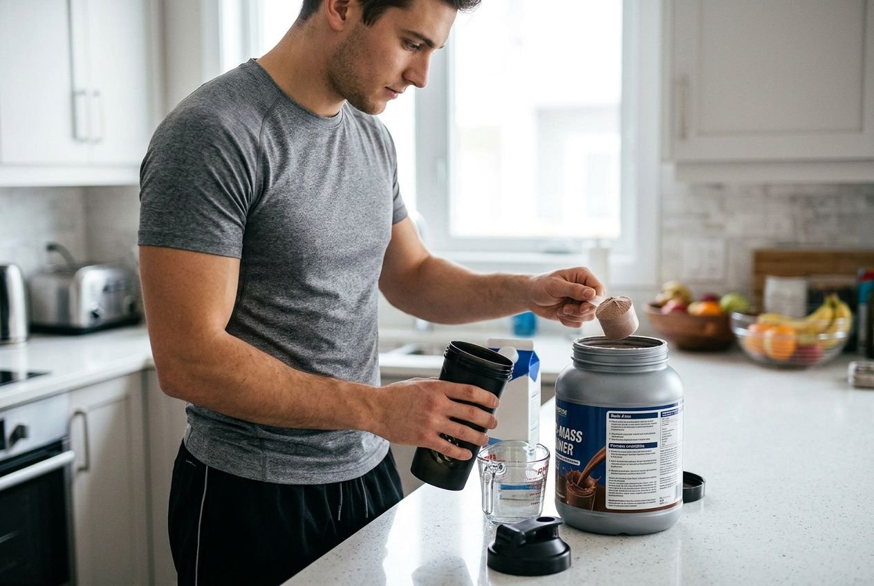 Atleta in cucina versa polvere di gainer in una shaker, con barattolo grande di gainer su banco e dose misurata pronta per assunzione. s gainer come assumerlo integrated naturally.
