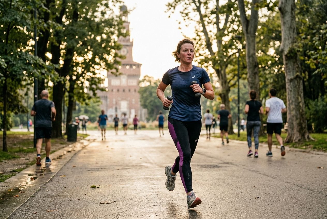 Atleta donna in corsa in parco urbano, allenamento cardio su percorso asfaltato con altri jogger sullo sfondo. come perdere grasso senza perdere muscoli