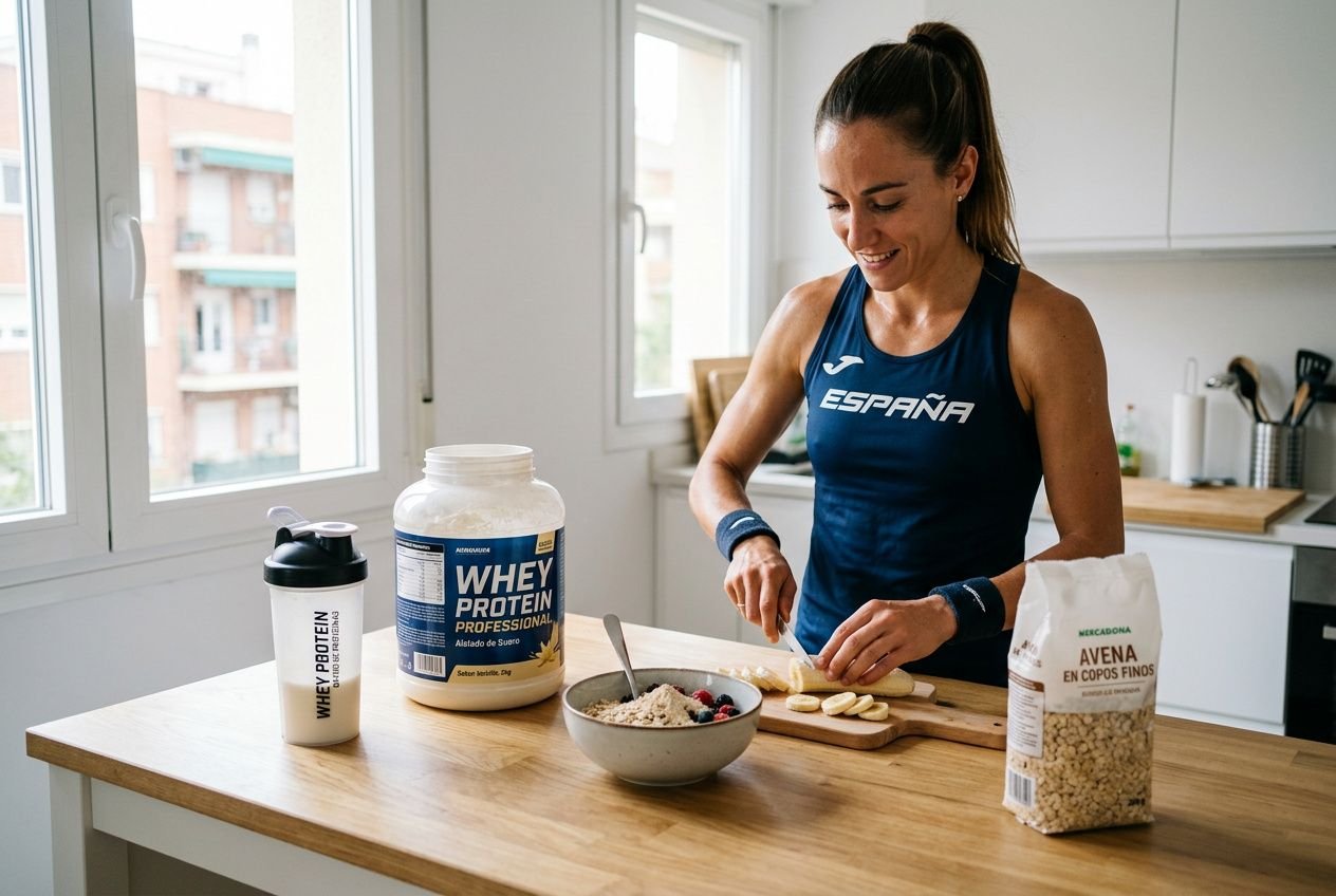 Atleta preparando comida en cocina, cortando pan y con proteína whey a la vista, destacando una guía práctica de nutrición deportiva.