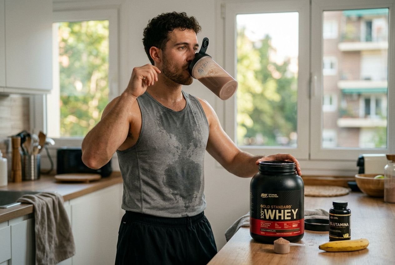 Batido de proteínas y suplementos deportivos en mesa