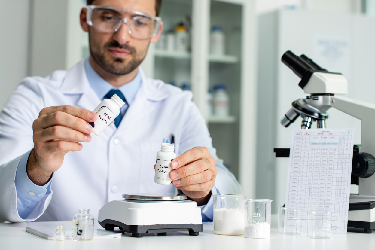 Laboratory testing BCAA supplement powder for purity and quality