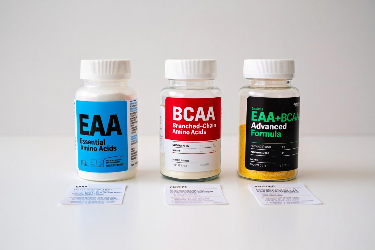 Confronto visivo tra integratori EAA e BCAA per la massa muscolare