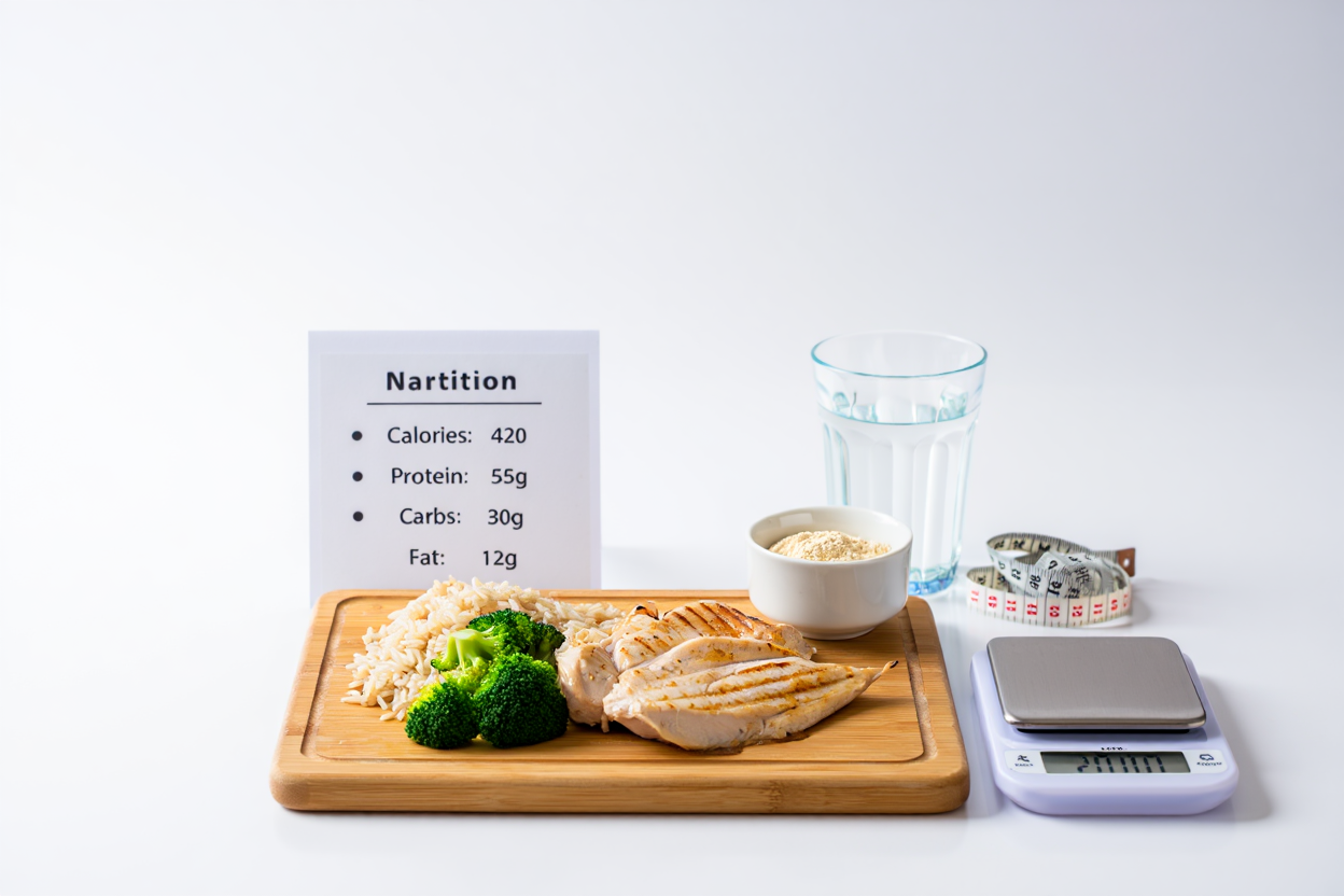 Balanced plate showing protein sources, carbohydrates, and healthy fats for muscle growth
