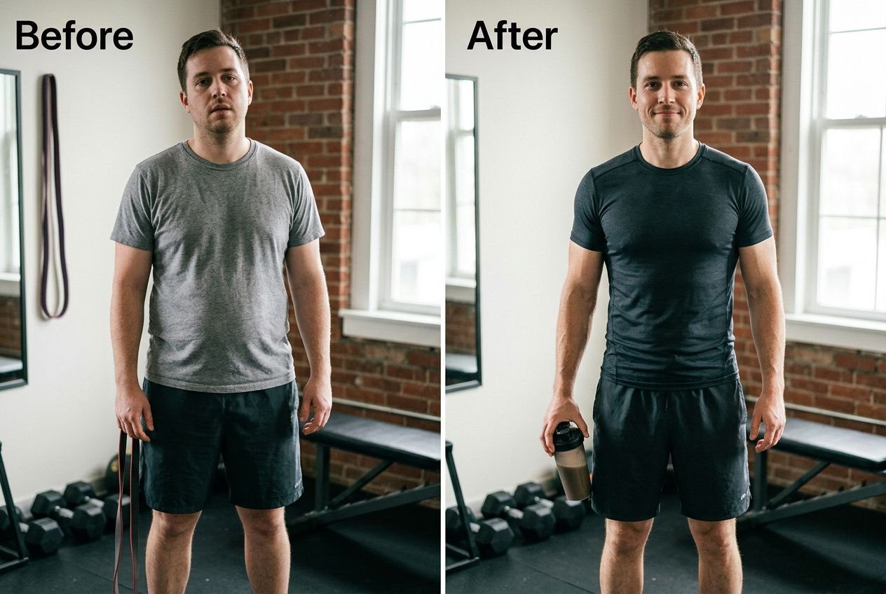 Before and after transformation: a man’s weight loss journey in a gym, showing improved physique while using fat burning supplements that actually work.