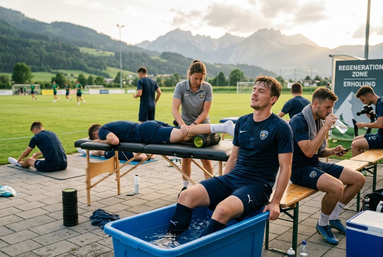 Behandlung nach dem Trainingslager: Athlet lässt Fuß in einem Kübel mit Wasser kühlen, während Betreuerin ihn massiert; weitere Teammitglieder erholen sich am Rand. Regeneration nach trainingslager in Fokus.