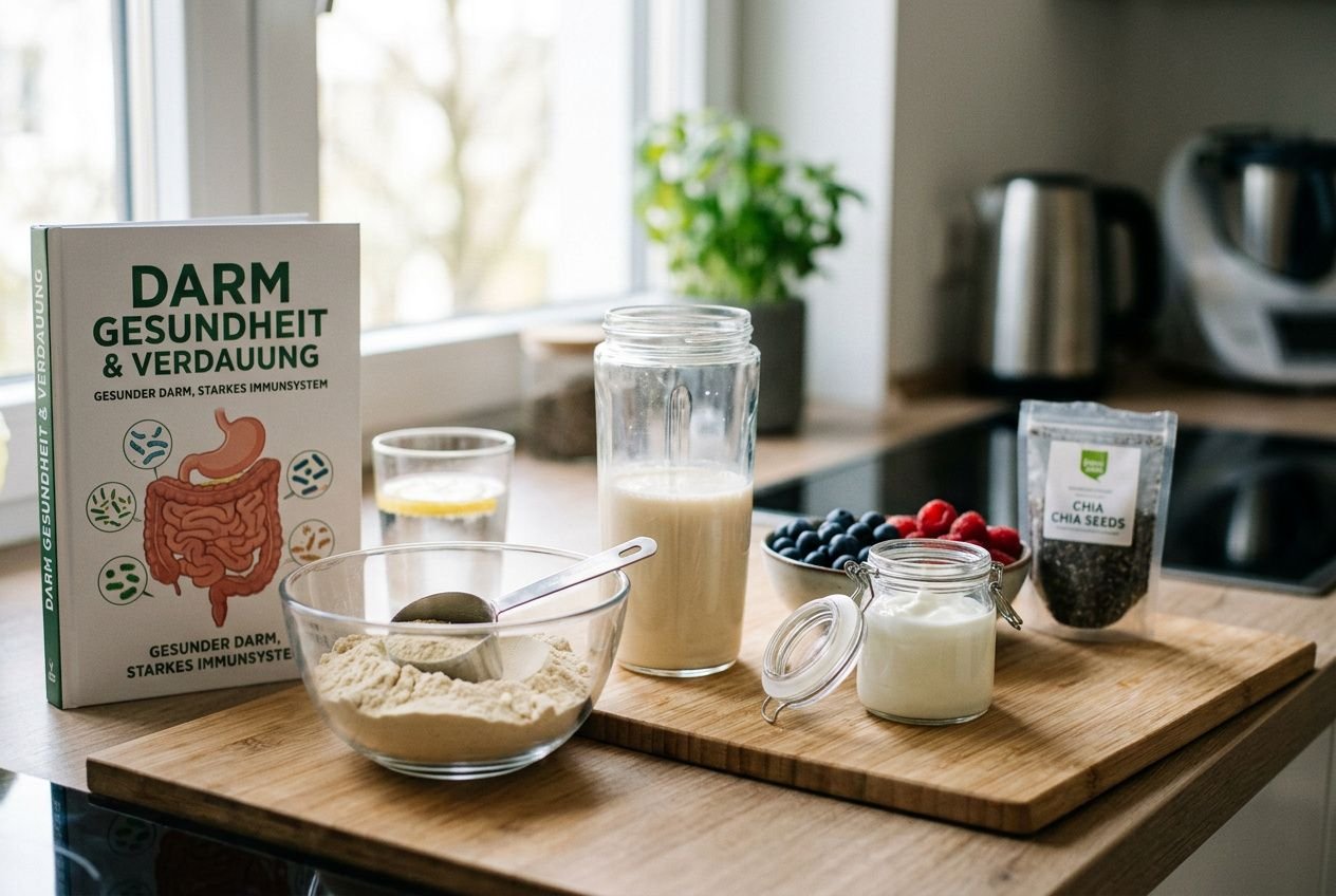 Blick in eine moderne Küche mit Beauty von Protein- und Gesundheitsprodukten: Mandelmilch- Shakes, Proteinpulver- Schüssel, Jogurtglas und Samen, daneben ein Buch „Darmgesundheit & Verdauung“ und eine Packung Chia-Samen. ist proteinpulver ungesund