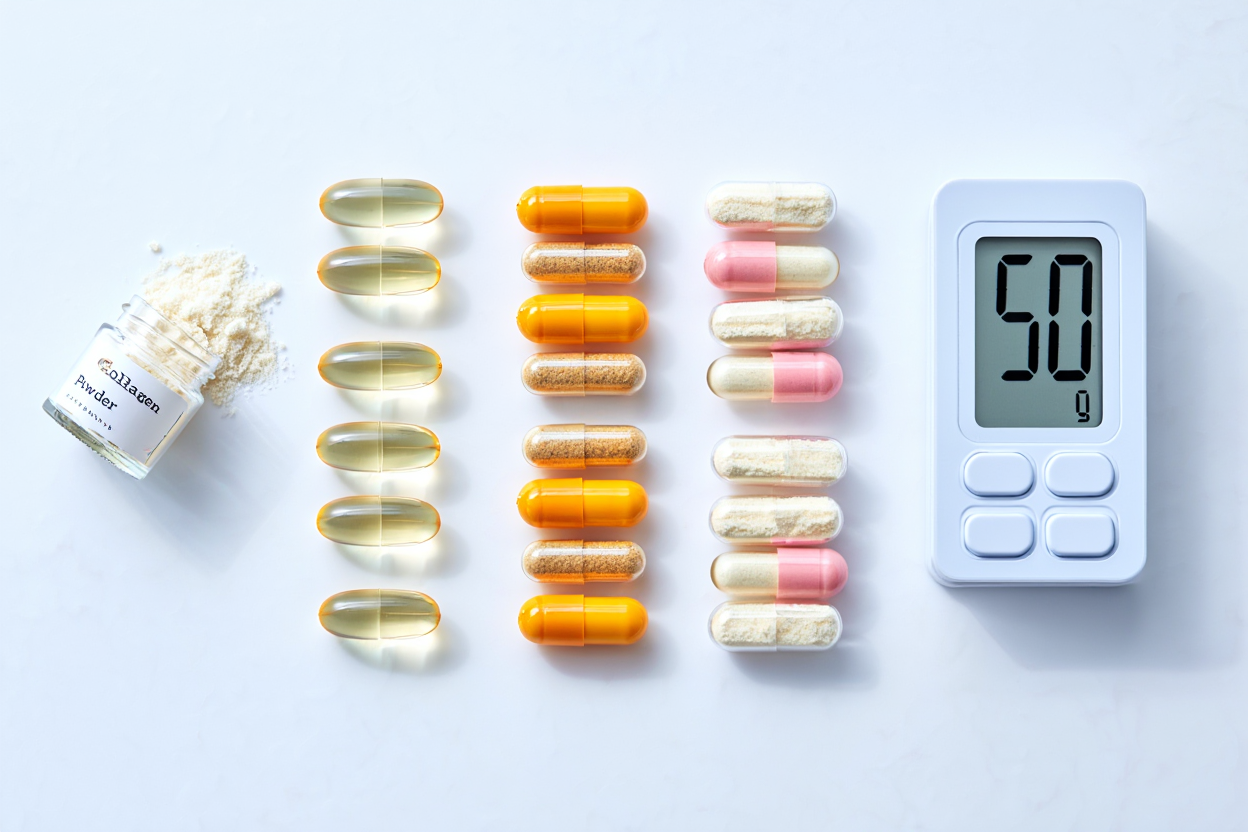Collagen powder mixed in water and collagen capsule pills side by side
