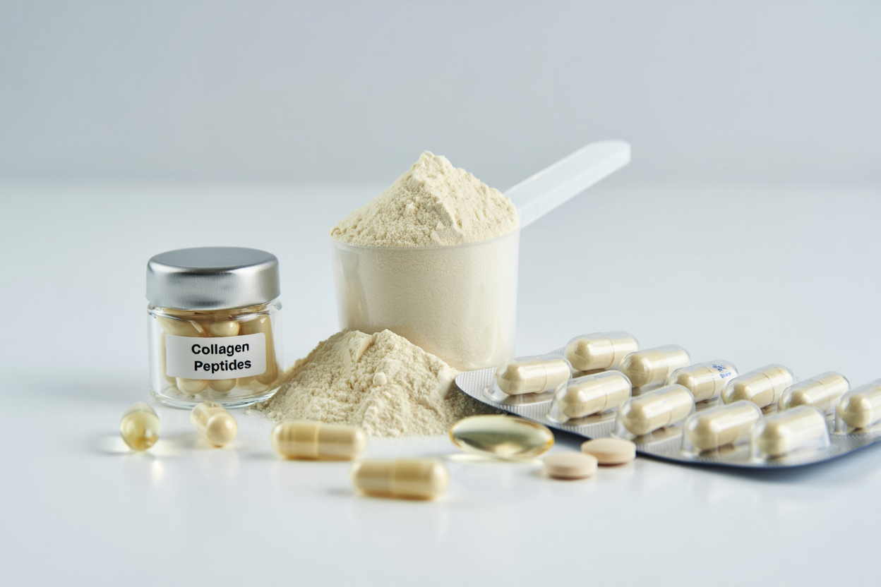 Measuring scoop of collagen powder next to bottles of collagen capsule supplements