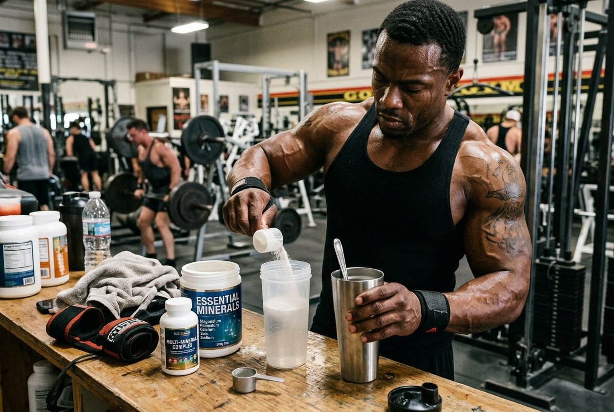 Bodybuilder in a gym mixing supplements, pouring powder into a bottle; essentials minerals for body build on the table.