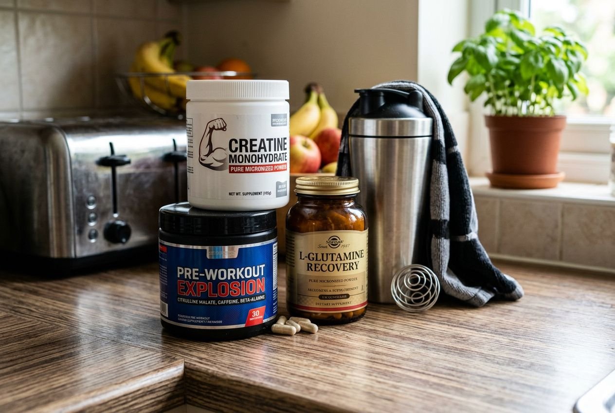 Bodynutrition: kit di integratori sportivi in primo piano su una cucina, tra barattoli di creatine, pre-workout e L-glutamine. bodynutrition biz vendita integratori alimentari online