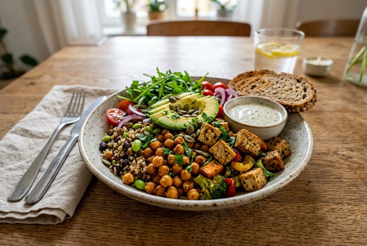 Bunter high-protein abendessen Schüssel mit Quinoa, Gemüse und Tofu, daneben Dip, Brot, Salad on wooden Tisch.