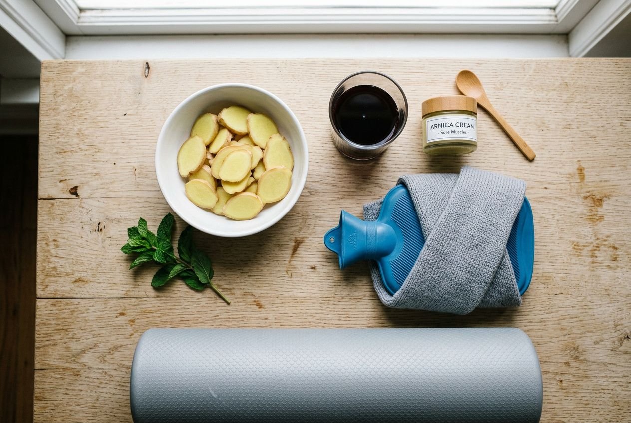 Bunter Wellness-Flatlay: warme Ingwer-/Ginger-Scheiben in Schüssel, Mini-Pflanze, Pfefferminzblätter, Korken Wein, Arnika-Creme, Löffel, blauer Kühl-/Beutel, grauer Yogamatten-Rolle. muskelkater wie lange integriert.