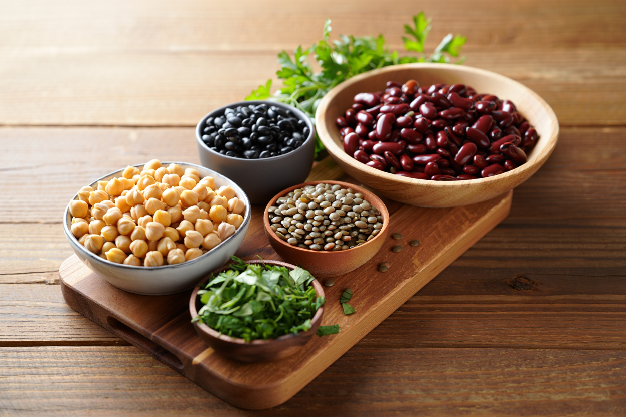 Assorted plant proteins including tofu, lentils, quinoa, and nuts on a wooden table